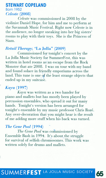 Description of commissioned works for LaJolla Summerfest by Stewart Copeland, page 65 of event program