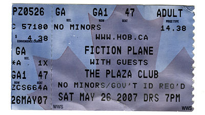 A ticket for the Fiction Plane concert at the Plaza Club in Vancouver.